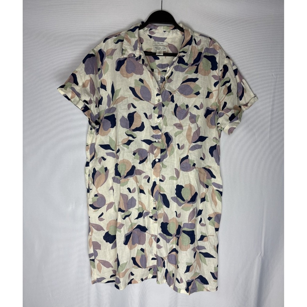 Rachel Zoe Linen Dress Sz XL Ivory Multicolor Abstract Short Sleeves Button Down